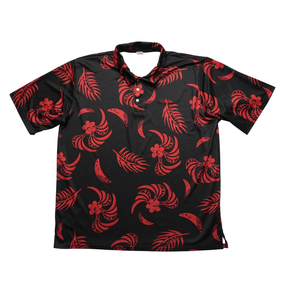 Palmwave Hawaiian Polo Shirt Mens 2XL Black Red Tribal Hibiscus Floral